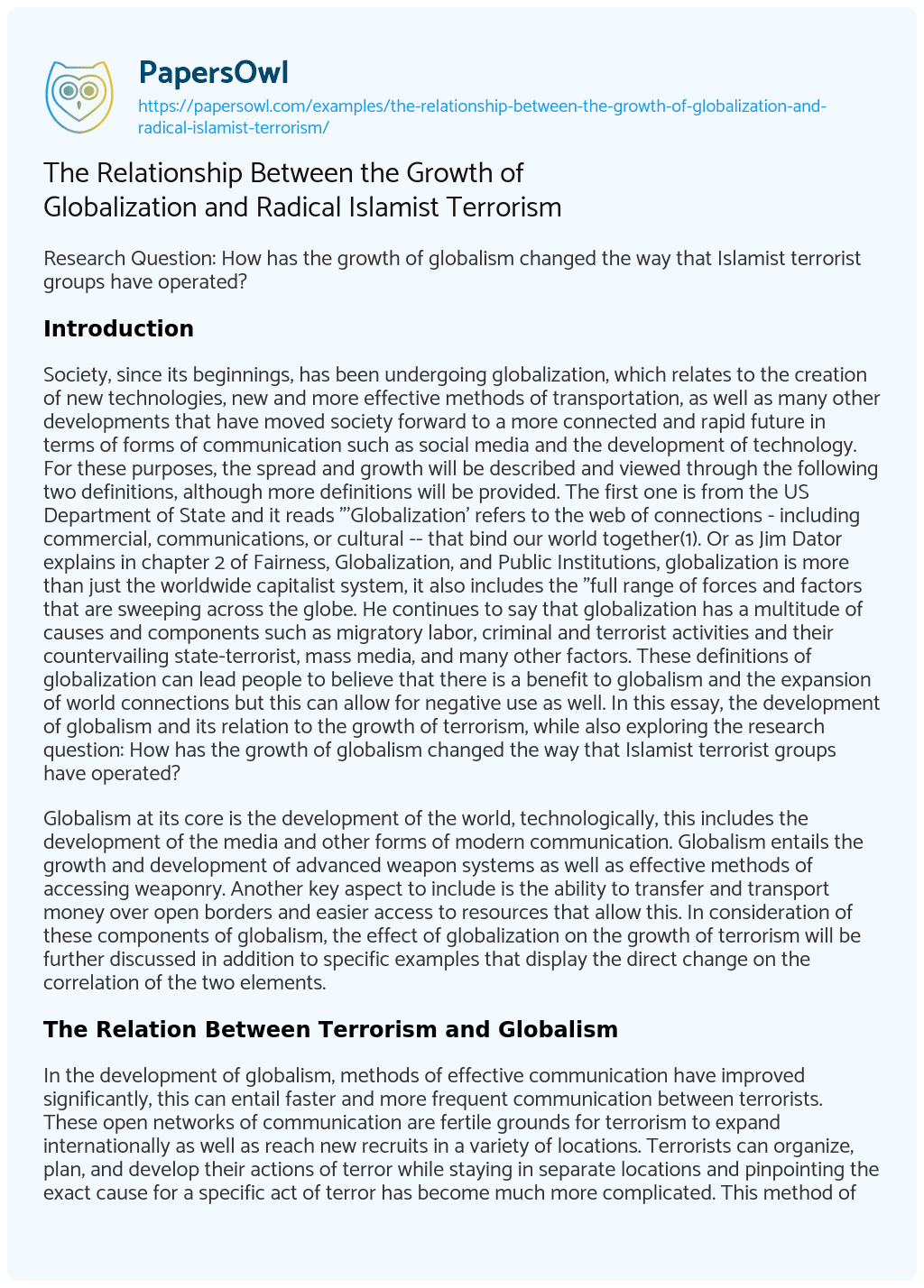 Essay on The Relationship between the Growth of Globalization and Radical Islamist Terrorism