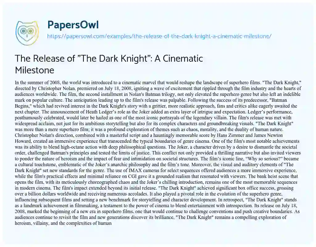 Essay on The Release of “The Dark Knight”: a Cinematic Milestone