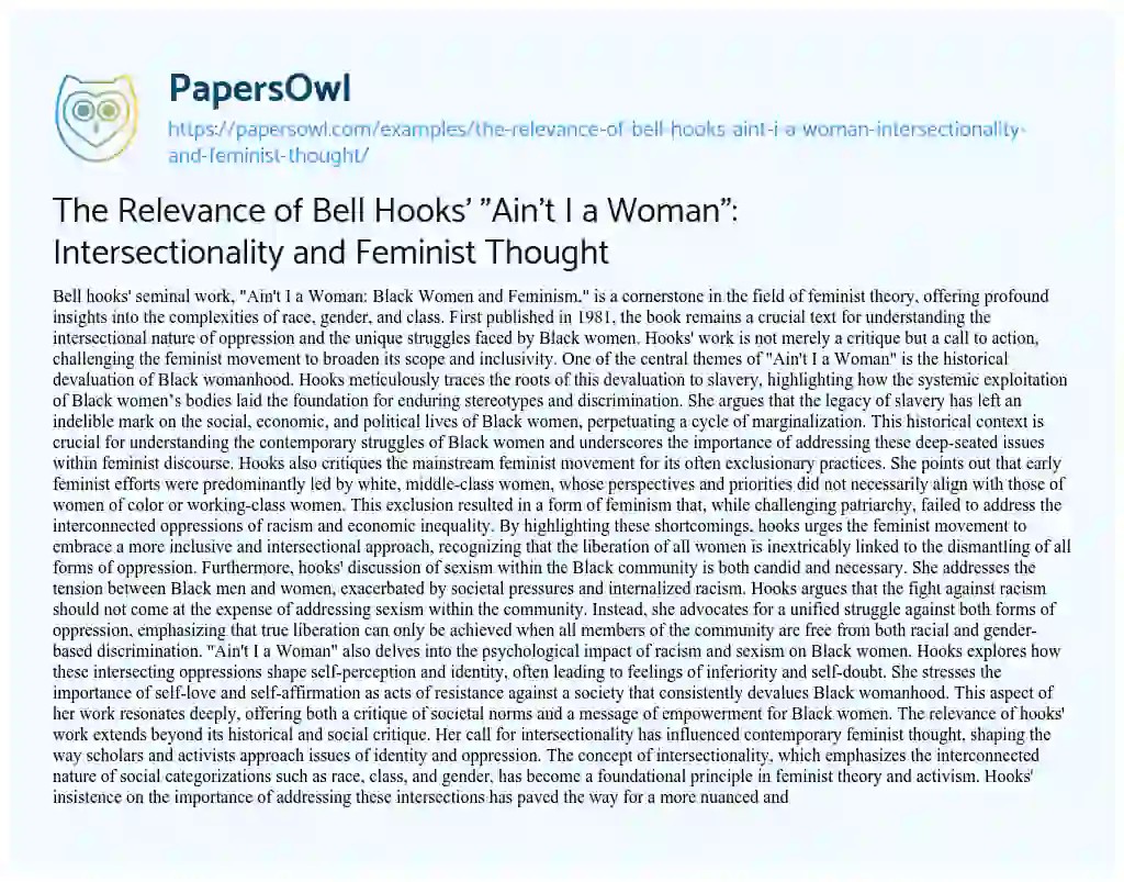 Essay on The Relevance of Bell Hooks’ “Ain’t i a Woman”: Intersectionality and Feminist Thought