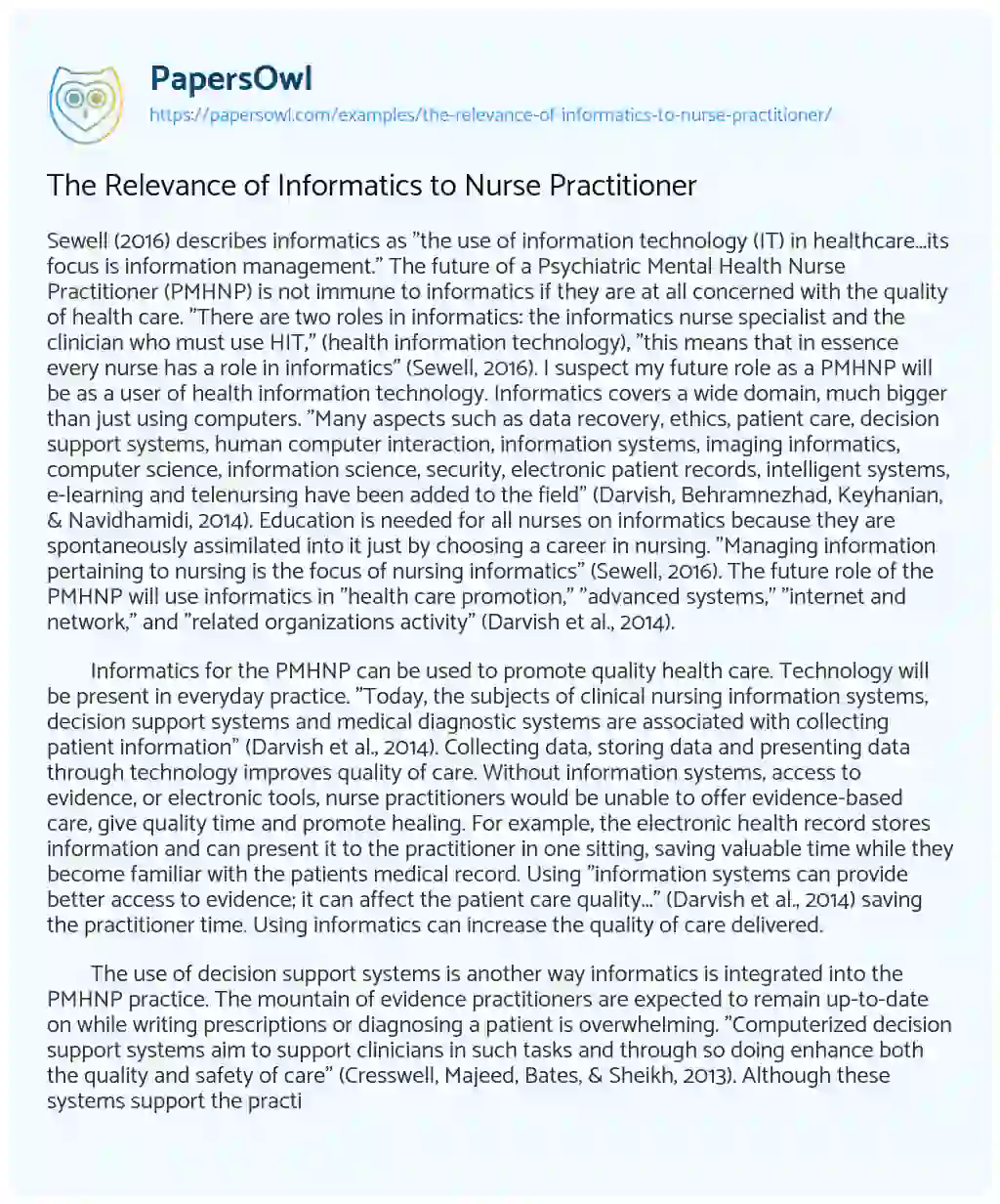 Essay on The Relevance of Informatics to Nurse Practitioner