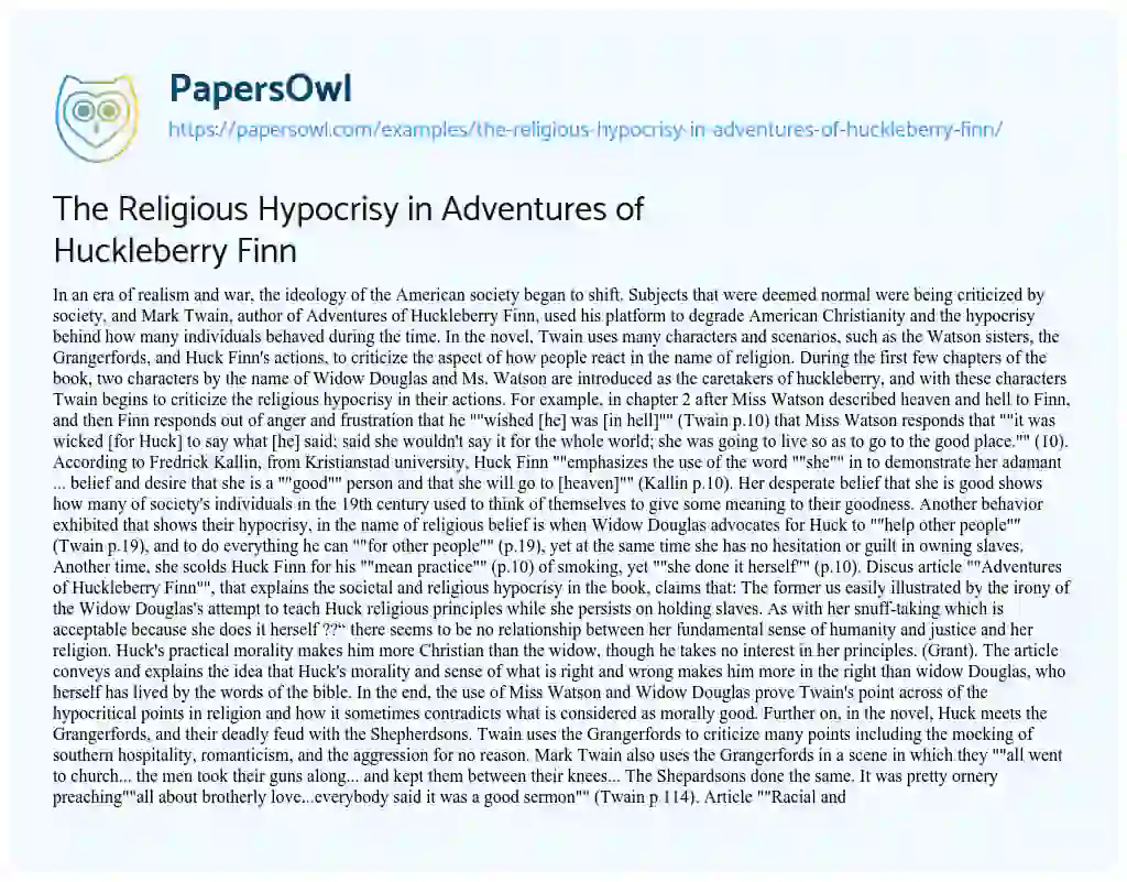 Essay on The Religious Hypocrisy in Adventures of Huckleberry Finn