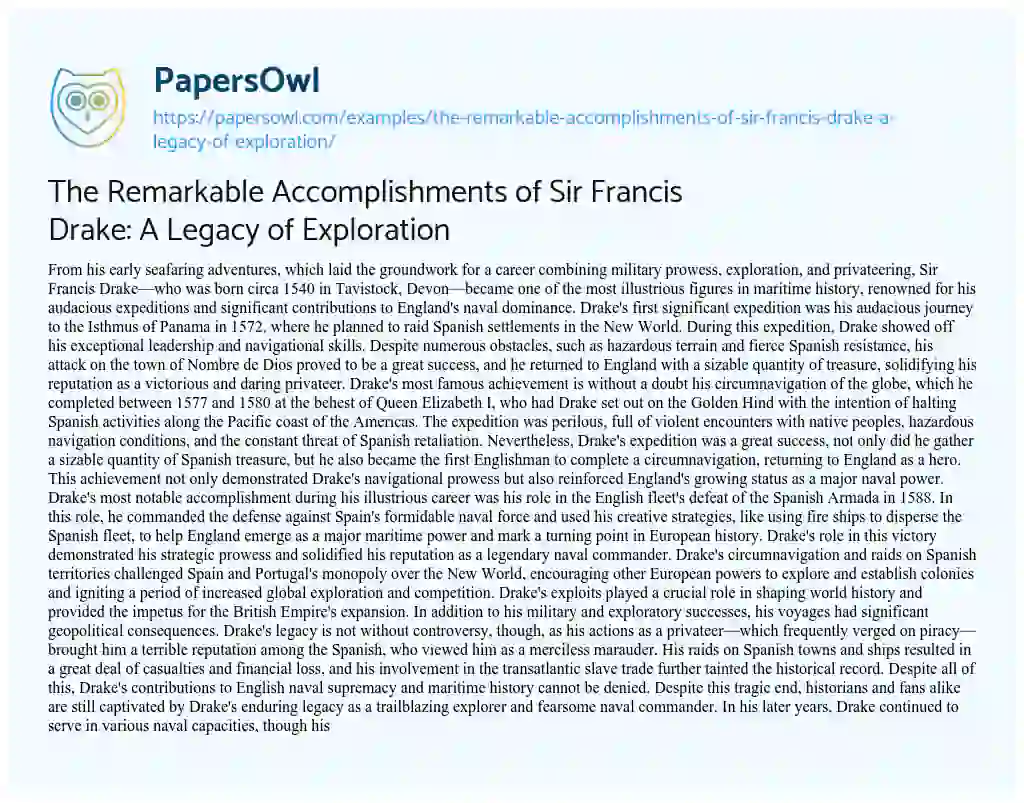 Essay on The Remarkable Accomplishments of Sir Francis Drake: a Legacy of Exploration