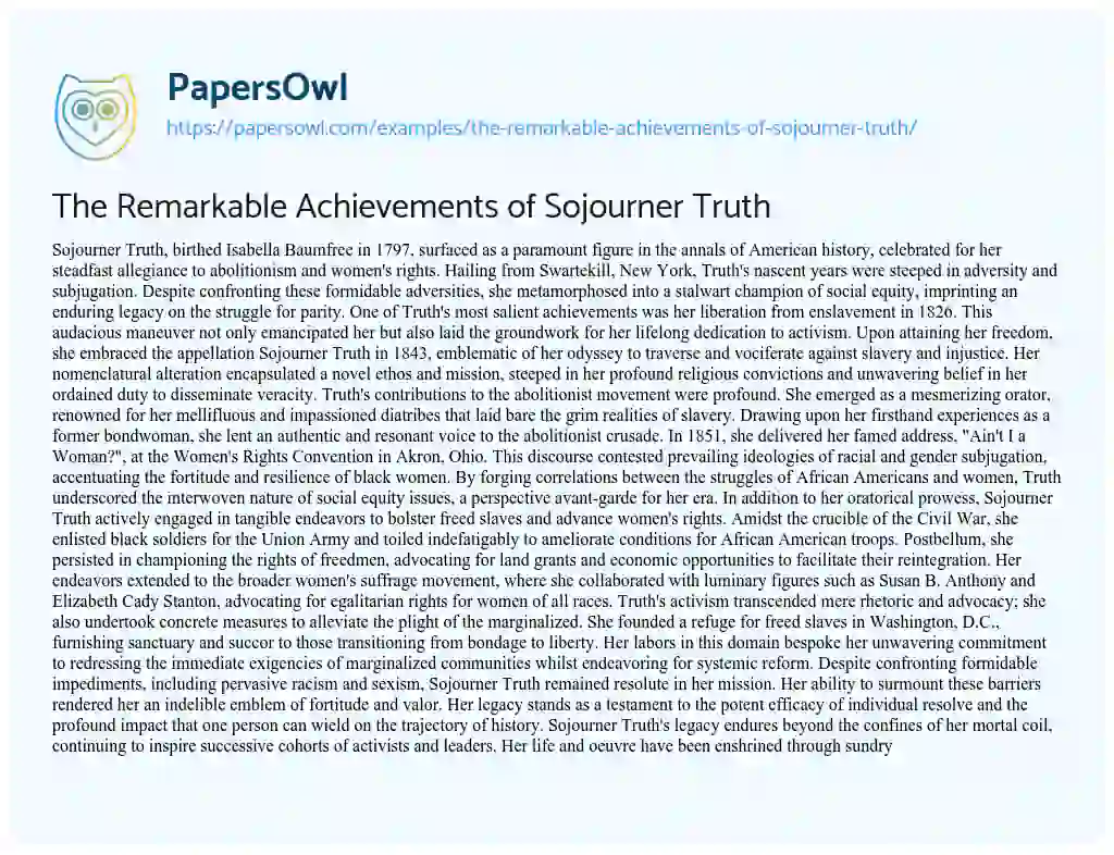 Essay on The Remarkable Achievements of Sojourner Truth