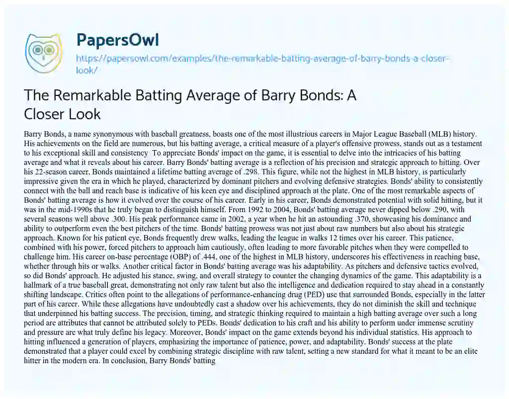 Essay on The Remarkable Batting Average of Barry Bonds: a Closer Look