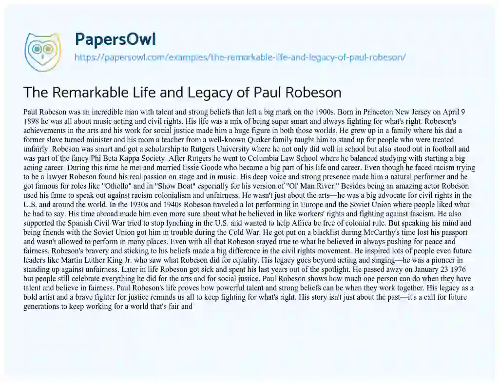 Essay on The Remarkable Life and Legacy of Paul Robeson