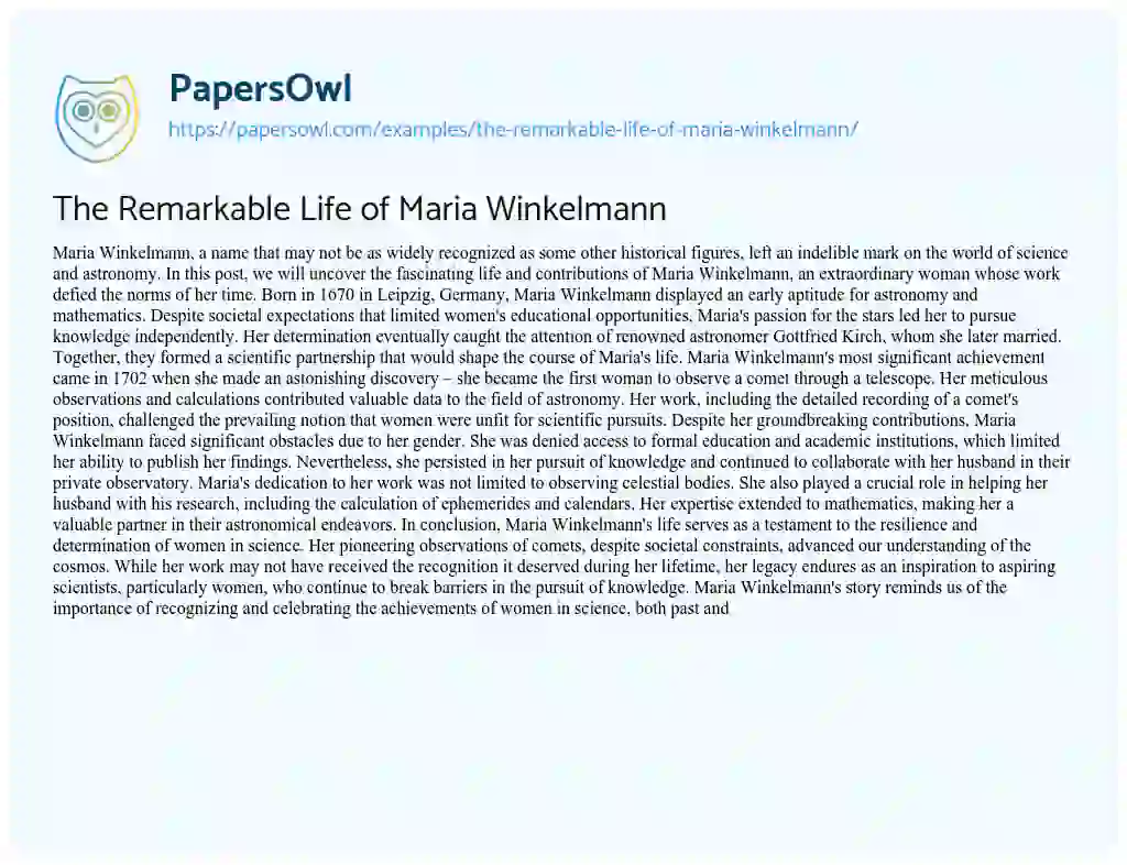 Essay on The Remarkable Life of Maria Winkelmann