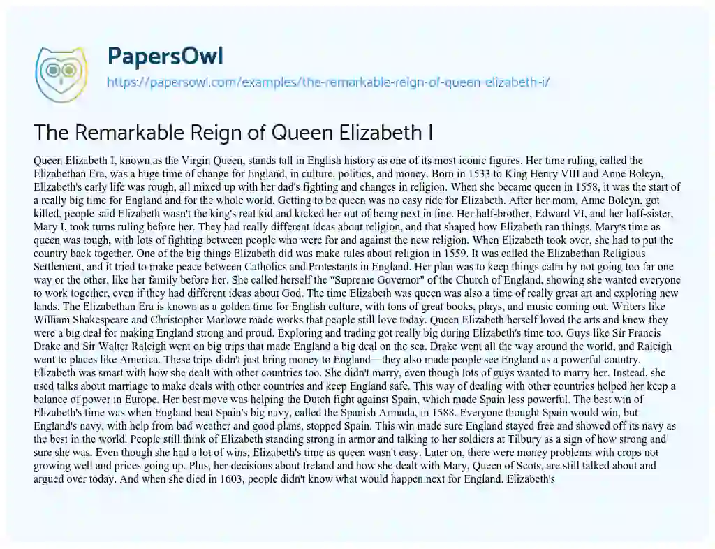 Essay on The Remarkable Reign of Queen Elizabeth i