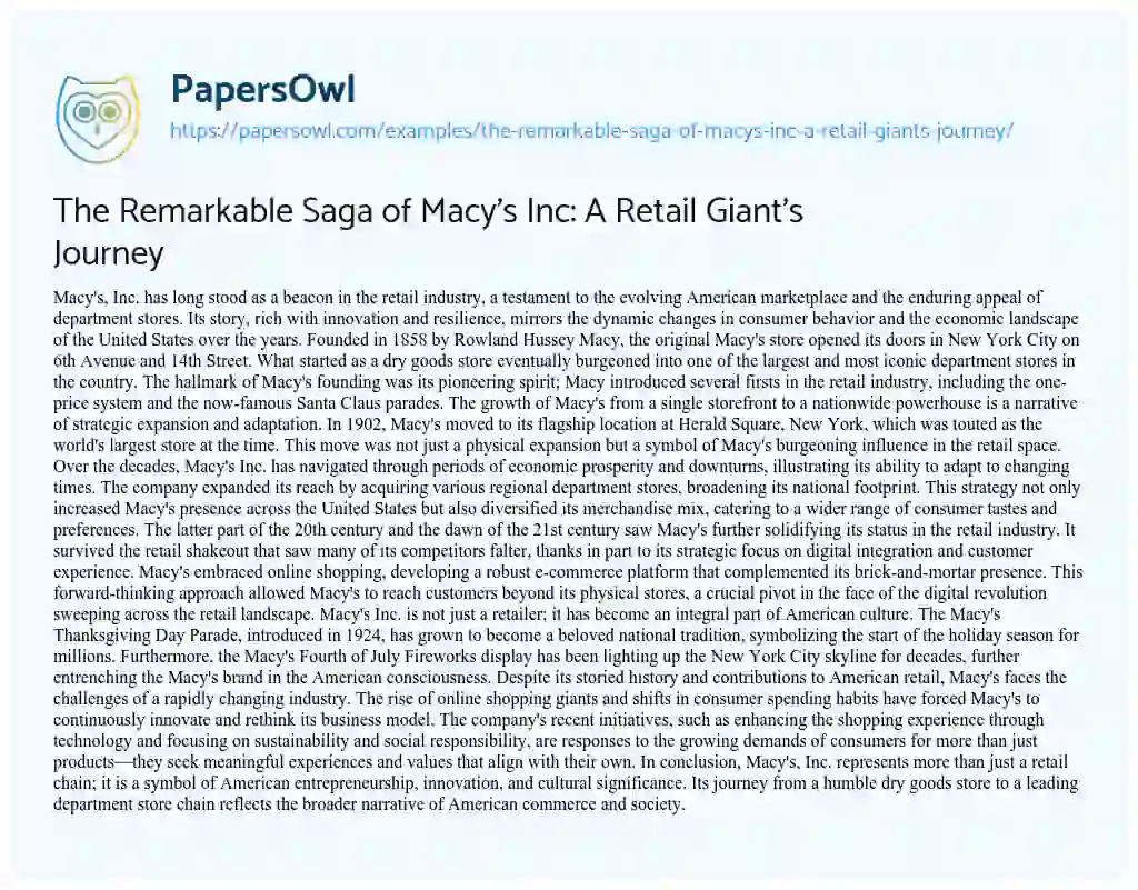 Essay on The Remarkable Saga of Macy’s Inc: a Retail Giant’s Journey