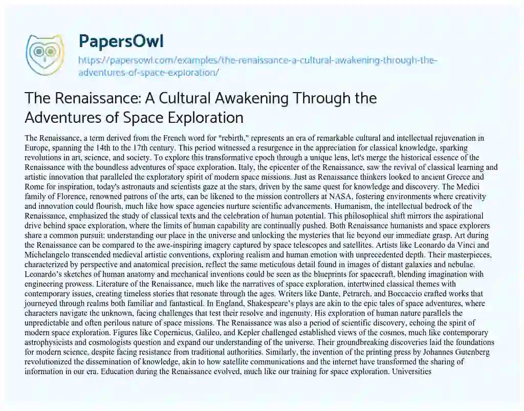 Essay on The Renaissance: a Cultural Awakening through the Adventures of Space Exploration