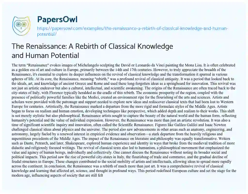 Essay on The Renaissance: a Rebirth of Classical Knowledge and Human Potential