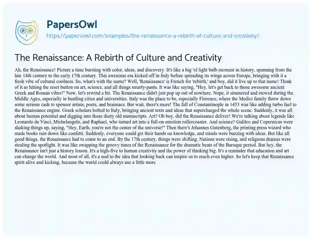 Essay on The Renaissance: a Rebirth of Culture and Creativity