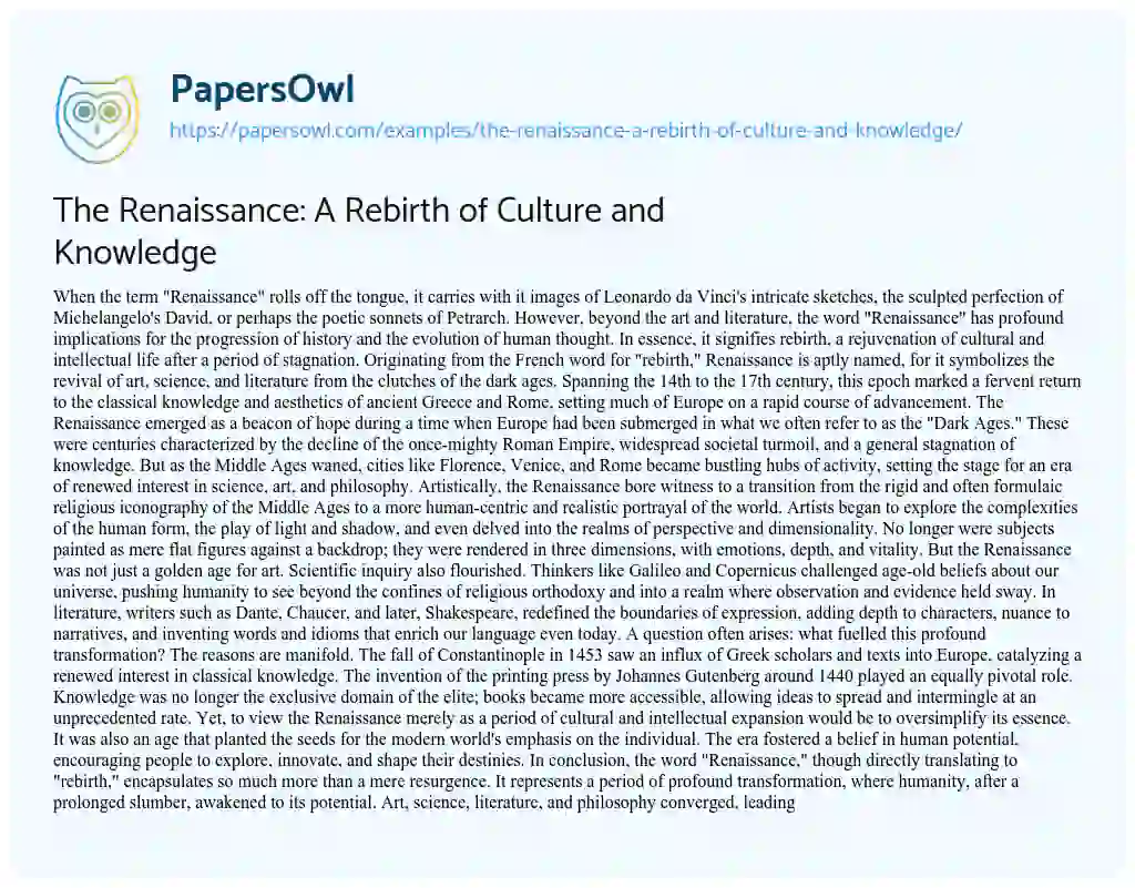 Essay on The Renaissance: a Rebirth of Culture and Knowledge