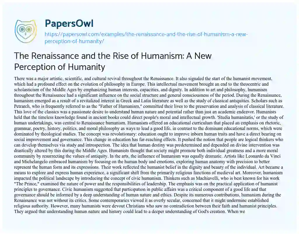 Essay on The Renaissance and the Rise of Humanism: a New Perception of Humanity