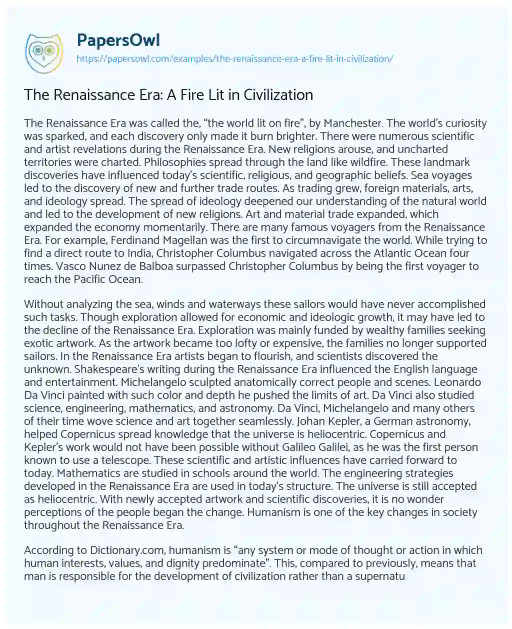 Essay on The Renaissance Era: a Fire Lit in Civilization