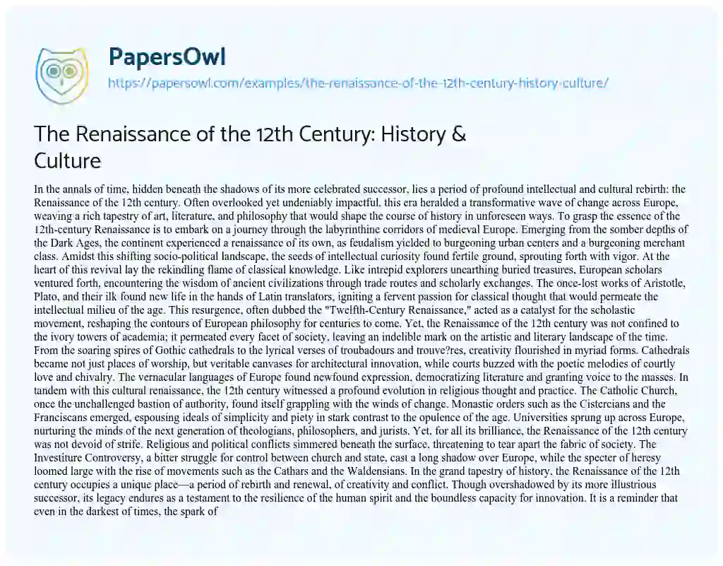 Essay on The Renaissance of the 12th Century: History & Culture