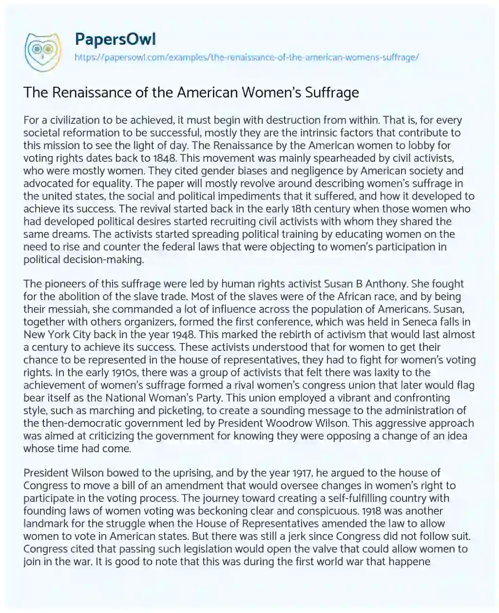 Essay on The Renaissance of the American Women’s Suffrage