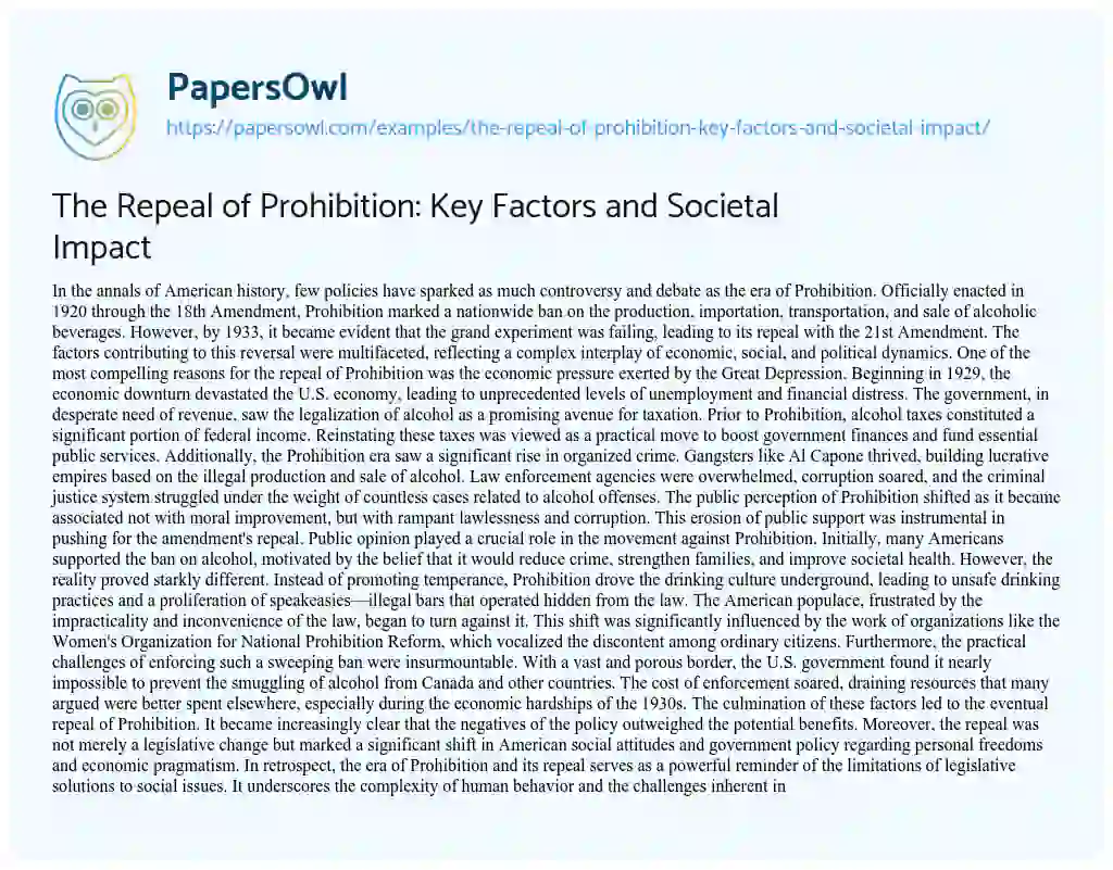 Essay on The Repeal of Prohibition: Key Factors and Societal Impact