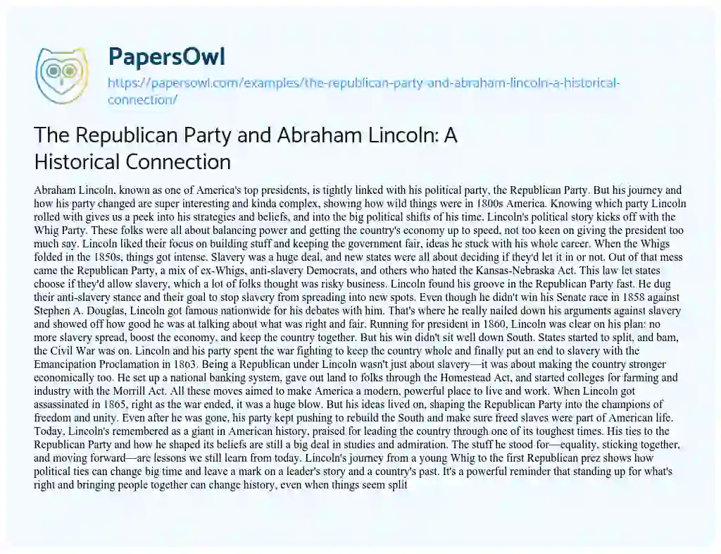 Essay on The Republican Party and Abraham Lincoln: a Historical Connection