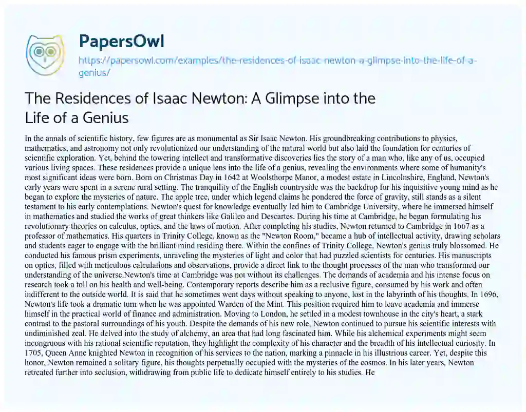 Essay on The Residences of Isaac Newton: a Glimpse into the Life of a Genius