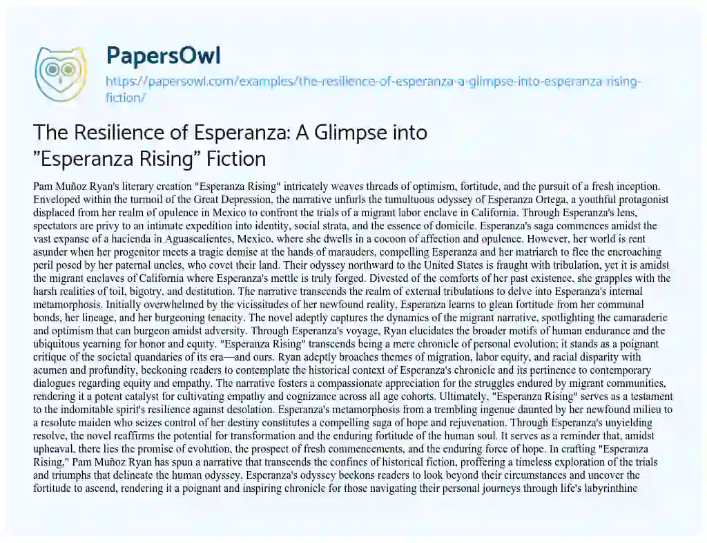 Essay on The Resilience of Esperanza: a Glimpse into “Esperanza Rising” Fiction