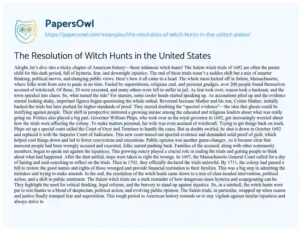 Essay on The Resolution of Witch Hunts in the United States