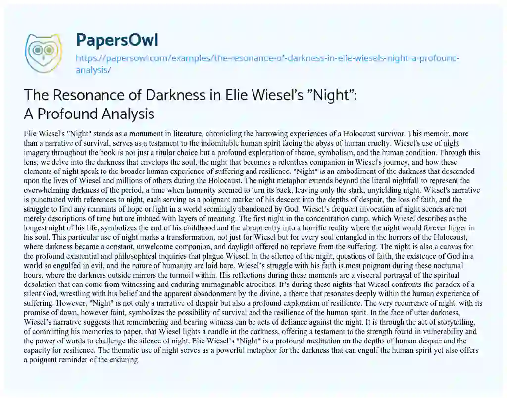 Essay on The Resonance of Darkness in Elie Wiesel’s “Night”: a Profound Analysis