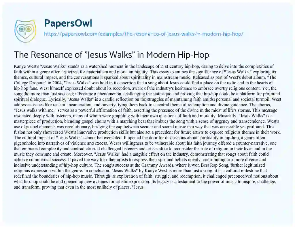 Essay on The Resonance of “Jesus Walks” in Modern Hip-Hop