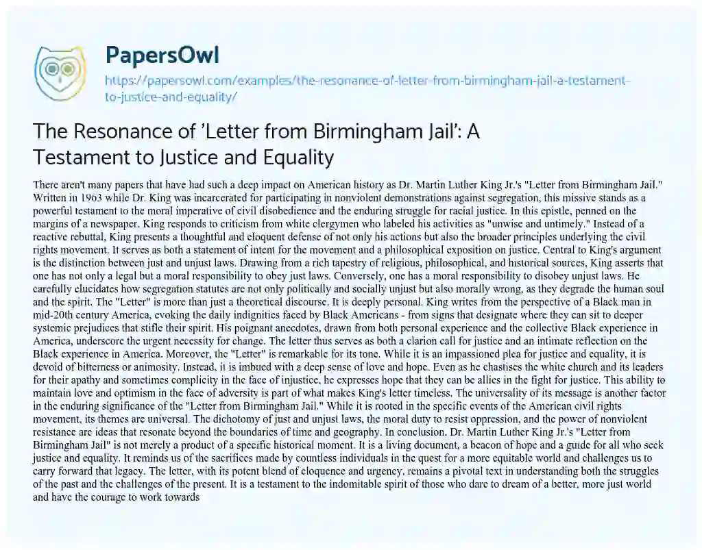 Essay on The Resonance of ‘Letter from Birmingham Jail’: a Testament to Justice and Equality