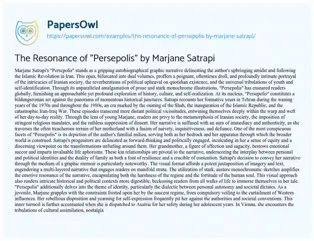 Essay on The Resonance of “Persepolis” by Marjane Satrapi