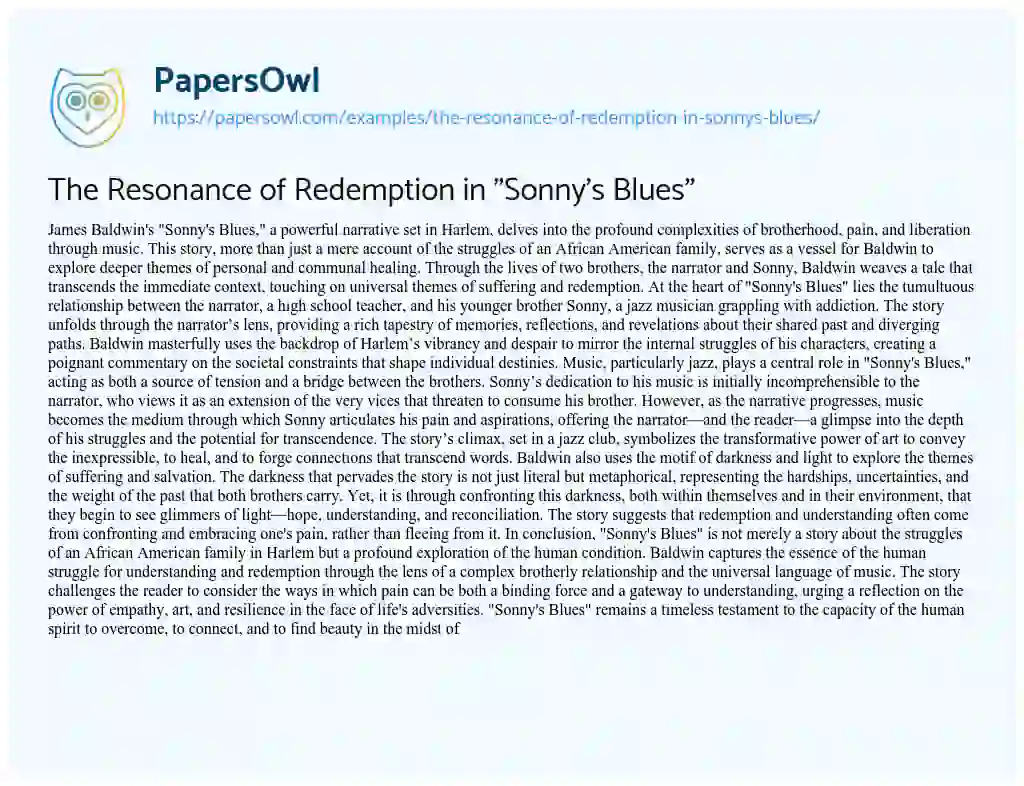 Essay on The Resonance of Redemption in “Sonny’s Blues”