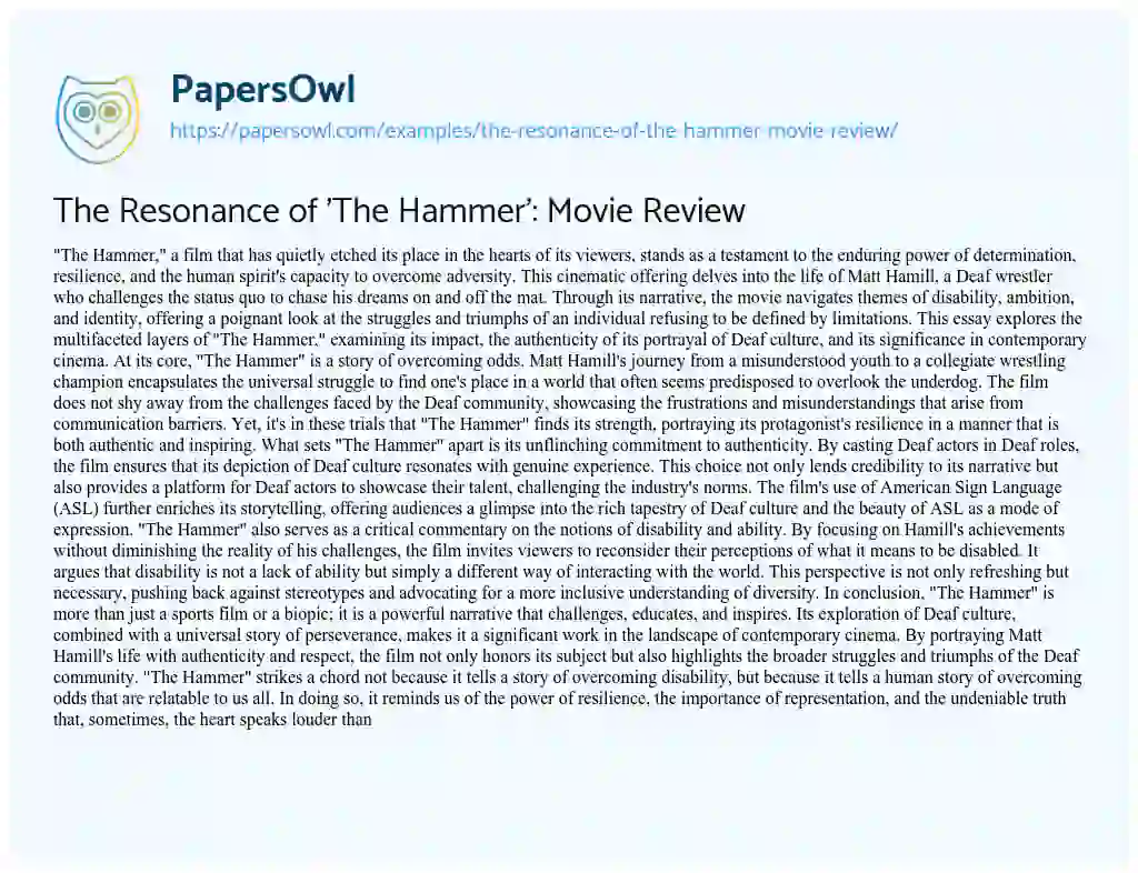 Essay on The Resonance of ‘The Hammer’: Movie Review