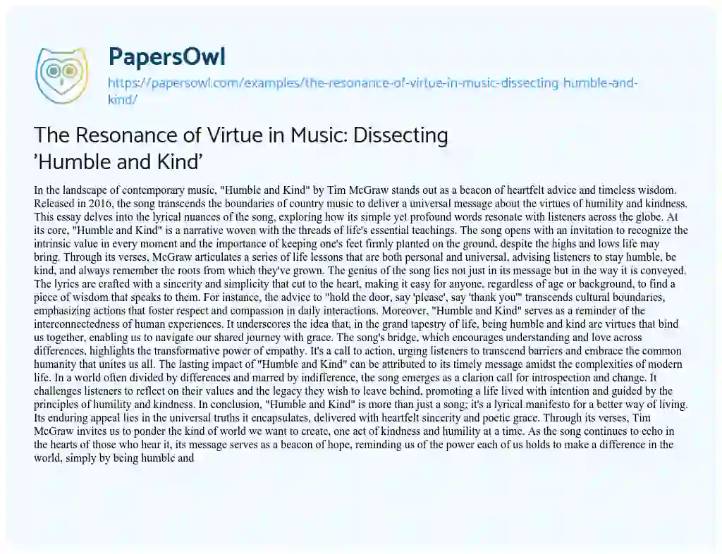 Essay on The Resonance of Virtue in Music: Dissecting ‘Humble and Kind’