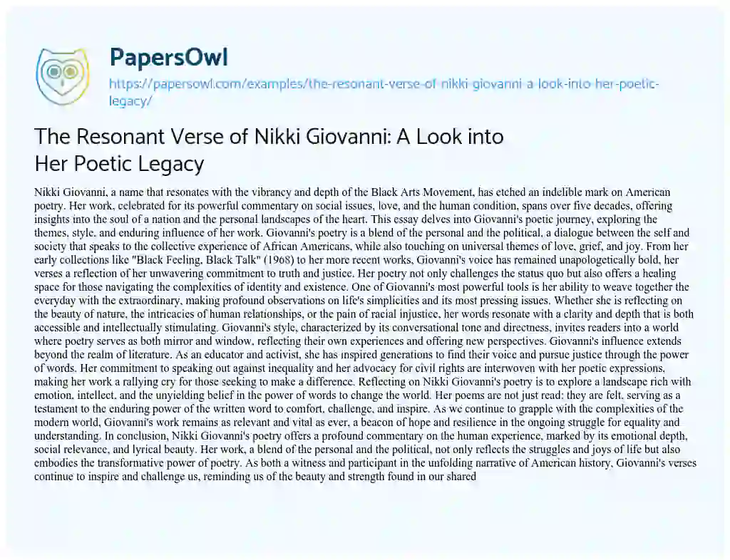 Essay on The Resonant Verse of Nikki Giovanni: a Look into her Poetic Legacy