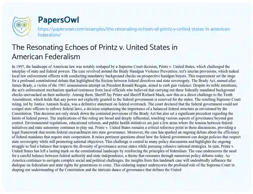 Essay on The Resonating Echoes of Printz V. United States in American Federalism