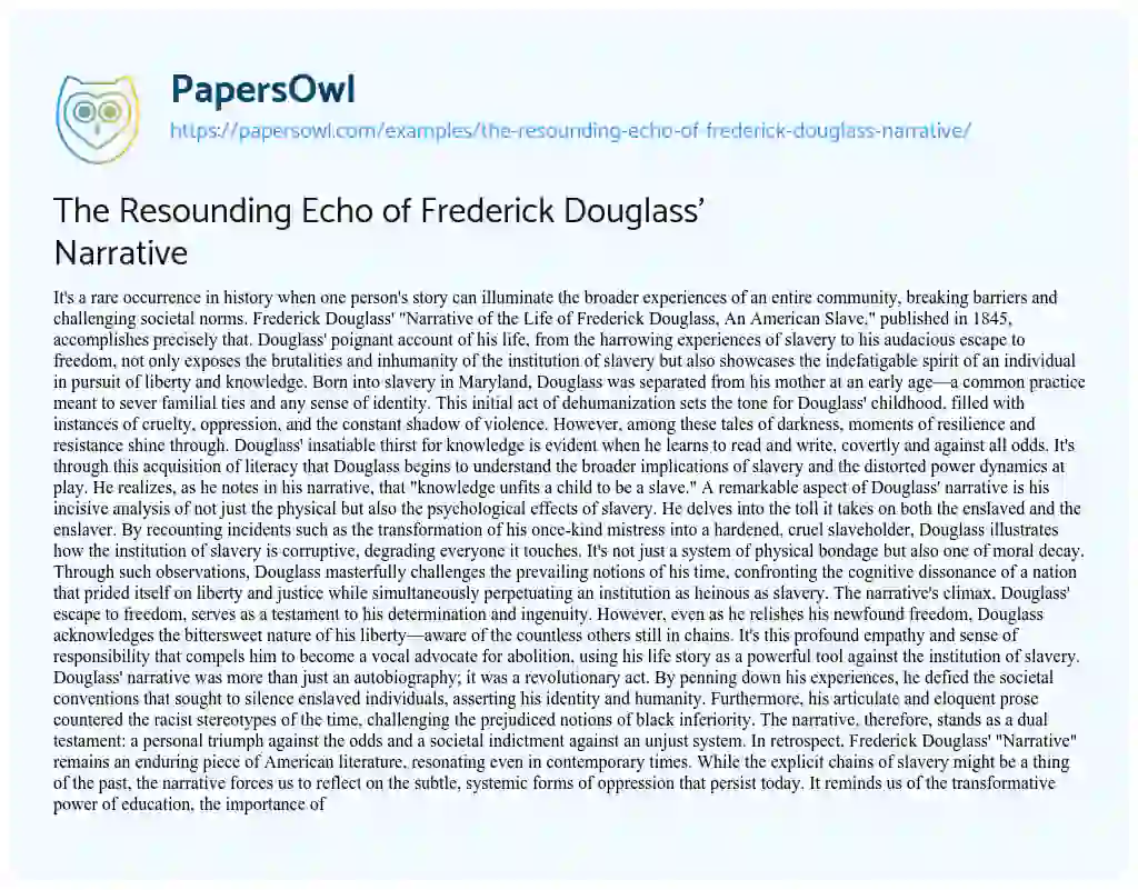 Essay on The Resounding Echo of Frederick Douglass’ Narrative