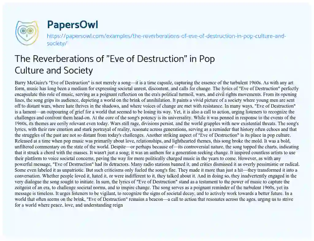 Essay on The Reverberations of “Eve of Destruction” in Pop Culture and Society