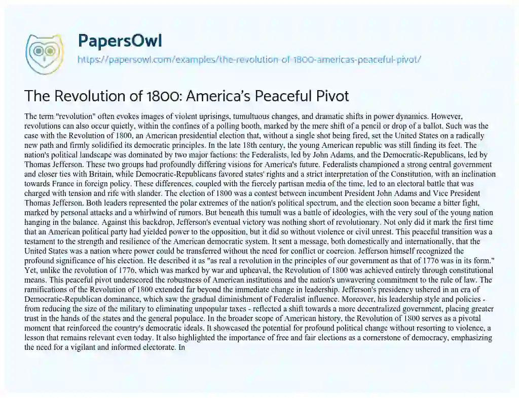 Essay on The Revolution of 1800: America’s Peaceful Pivot