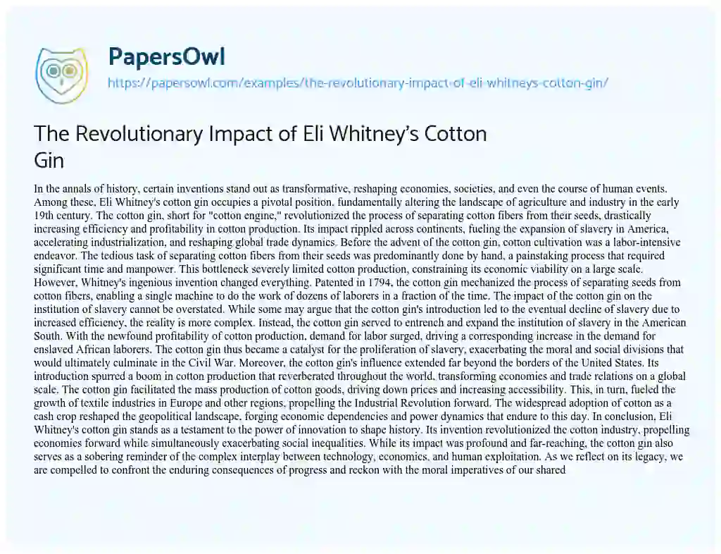 The Revolutionary Impact of Eli Whitney's Cotton Gin - Free Essay ...