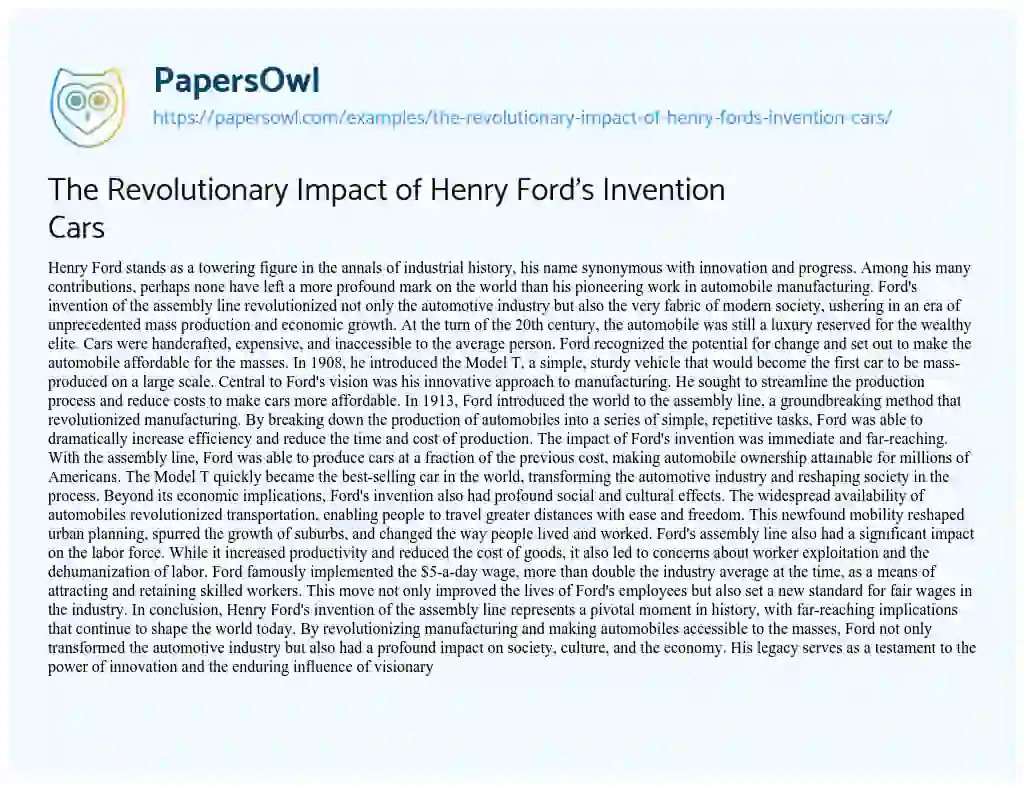 Essay on The Revolutionary Impact of Henry Ford’s Invention Cars