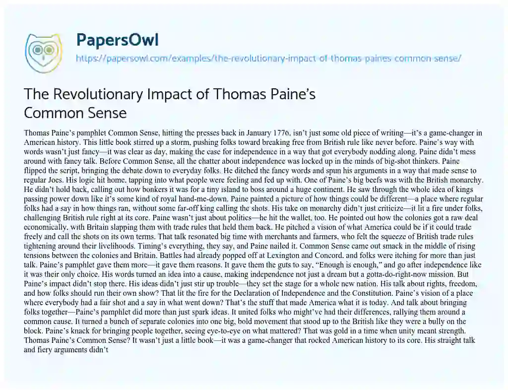 Essay on The Revolutionary Impact of Thomas Paine’s Common Sense