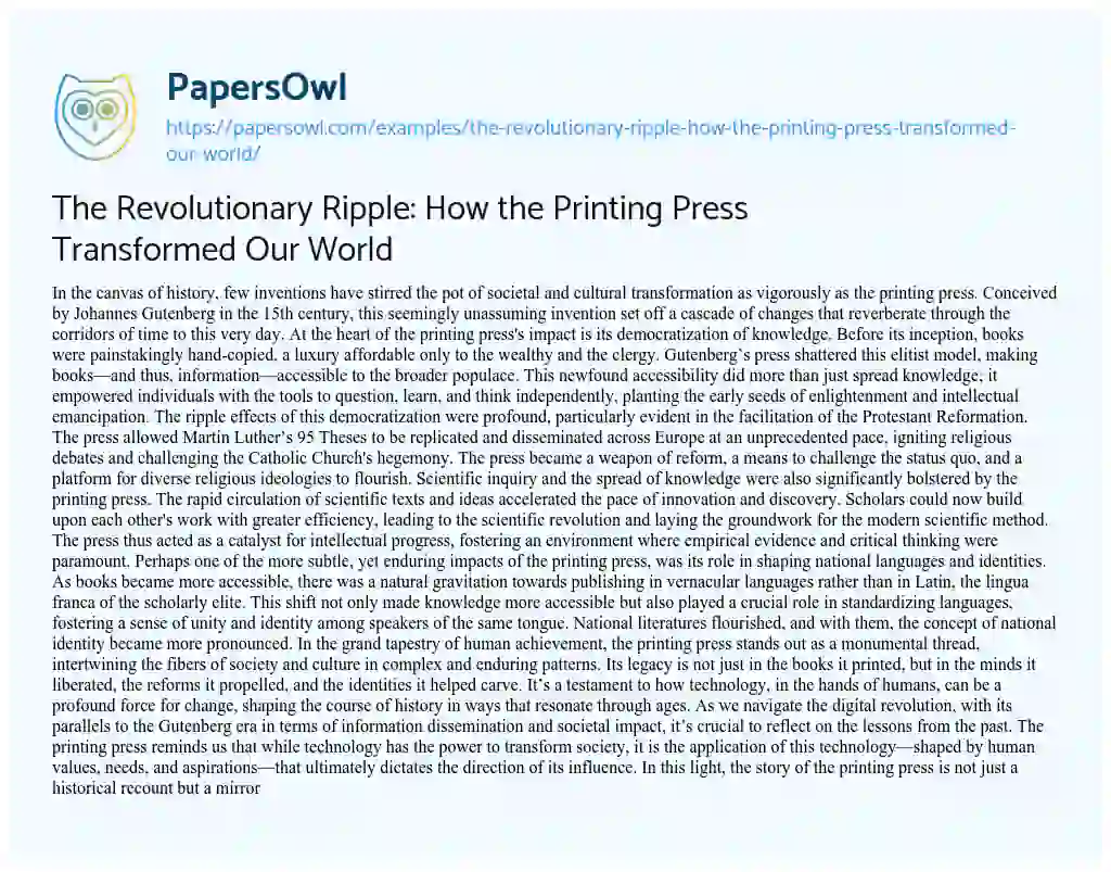 Essay on The Revolutionary Ripple: how the Printing Press Transformed our World