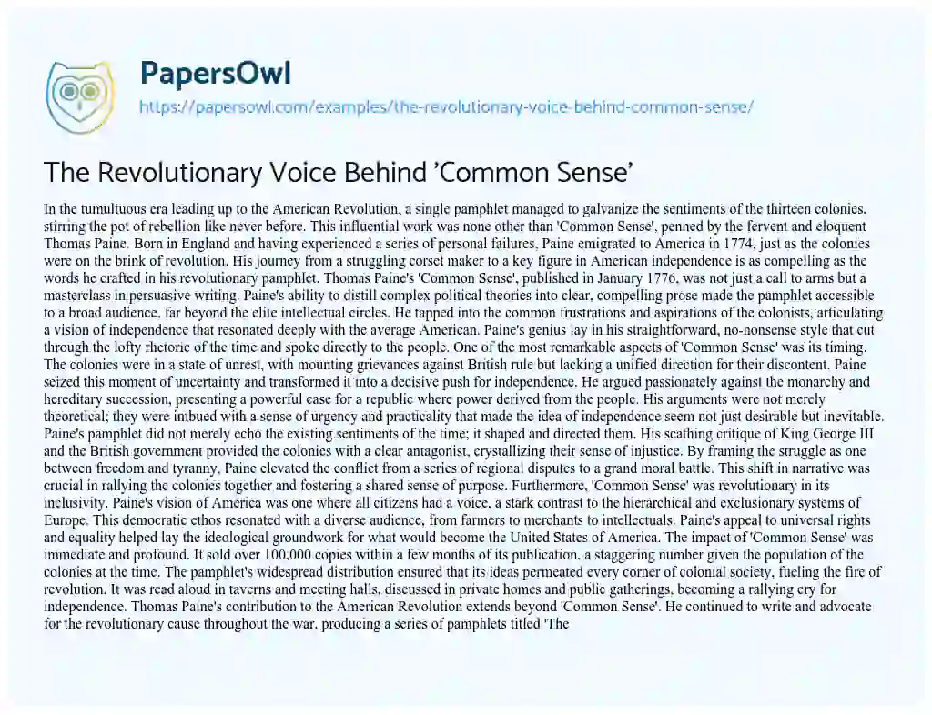 Essay on The Revolutionary Voice Behind ‘Common Sense’