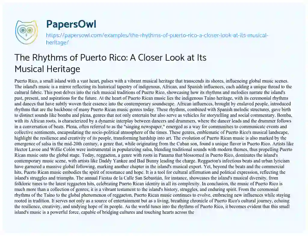 Essay on The Rhythms of Puerto Rico: a Closer Look at its Musical Heritage