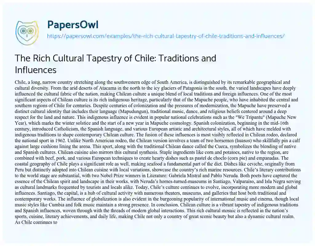 Essay on The Rich Cultural Tapestry of Chile: Traditions and Influences