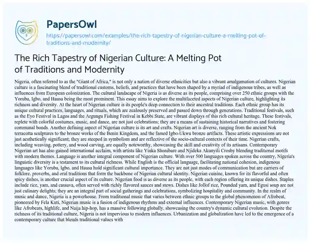 Essay on The Rich Tapestry of Nigerian Culture: a Melting Pot of Traditions and Modernity