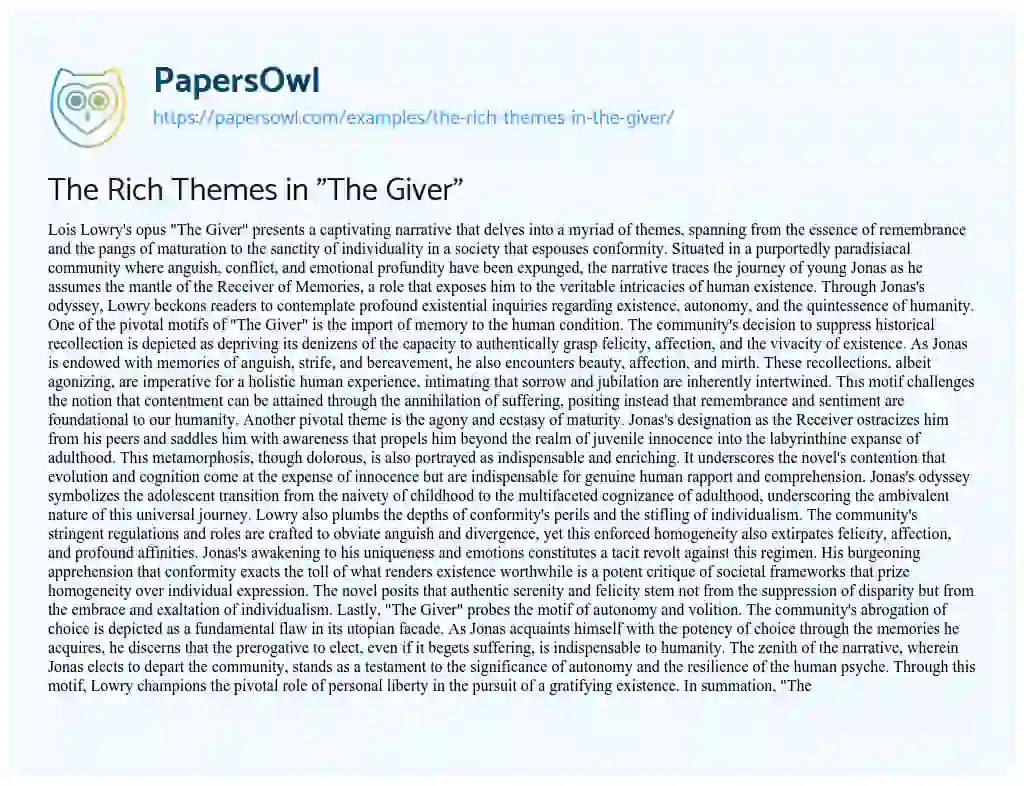Essay on The Rich Themes in “The Giver”