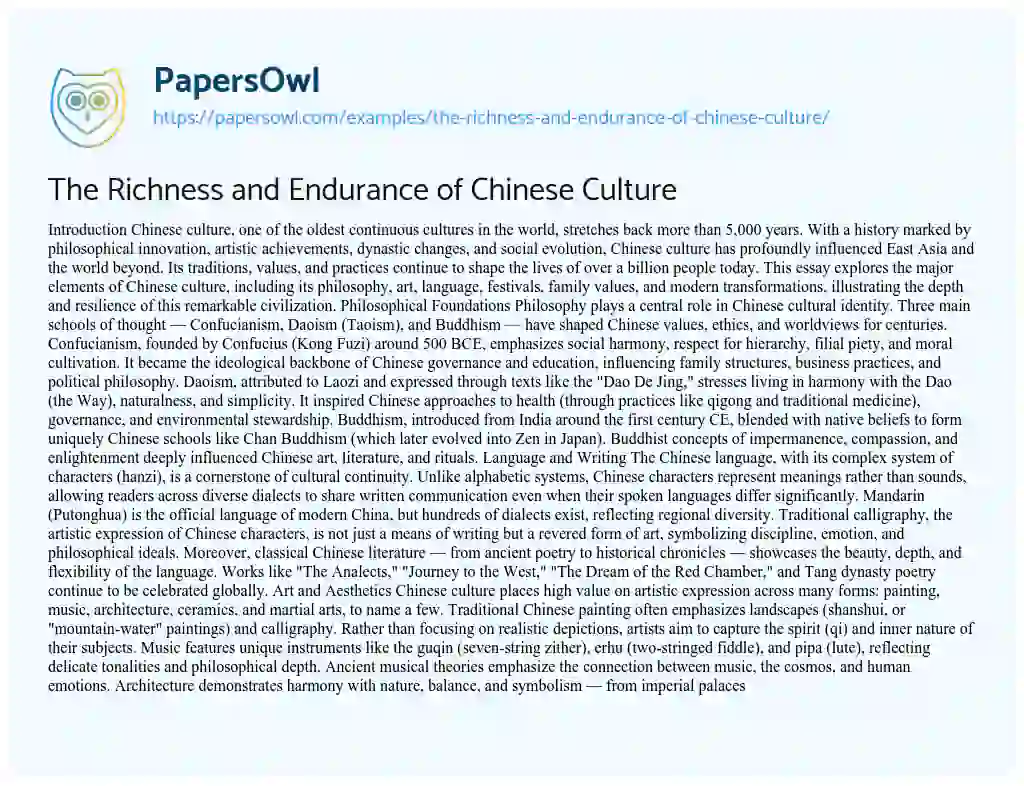 Essay on The Richness and Endurance of Chinese Culture