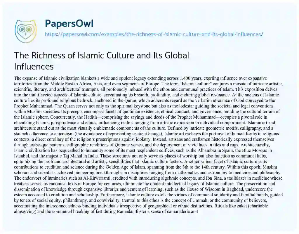 Essay on The Richness of Islamic Culture and its Global Influences