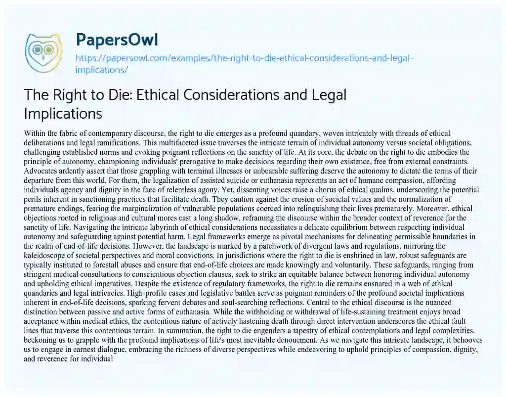 Essay on The Right to Die: Ethical Considerations and Legal Implications