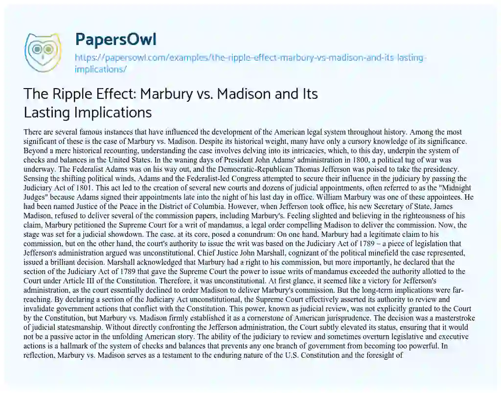 Essay on The Ripple Effect: Marbury Vs. Madison and its Lasting Implications